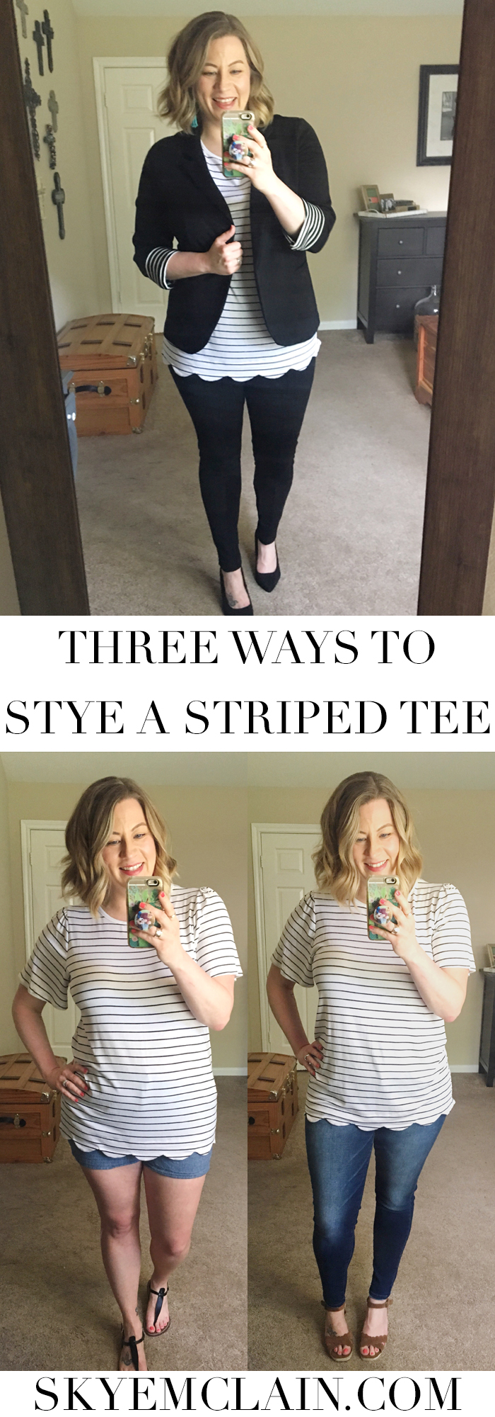 Everyone has a black + white tee in their closet - here are three ways to style a striped tee with pieces you already own! #stripedtee #versatilefashion